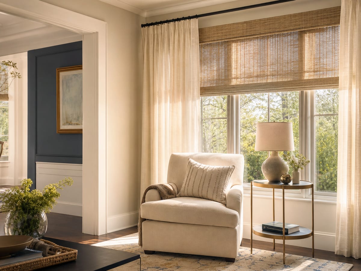 Warm living room corner with layered drapery and woven shades