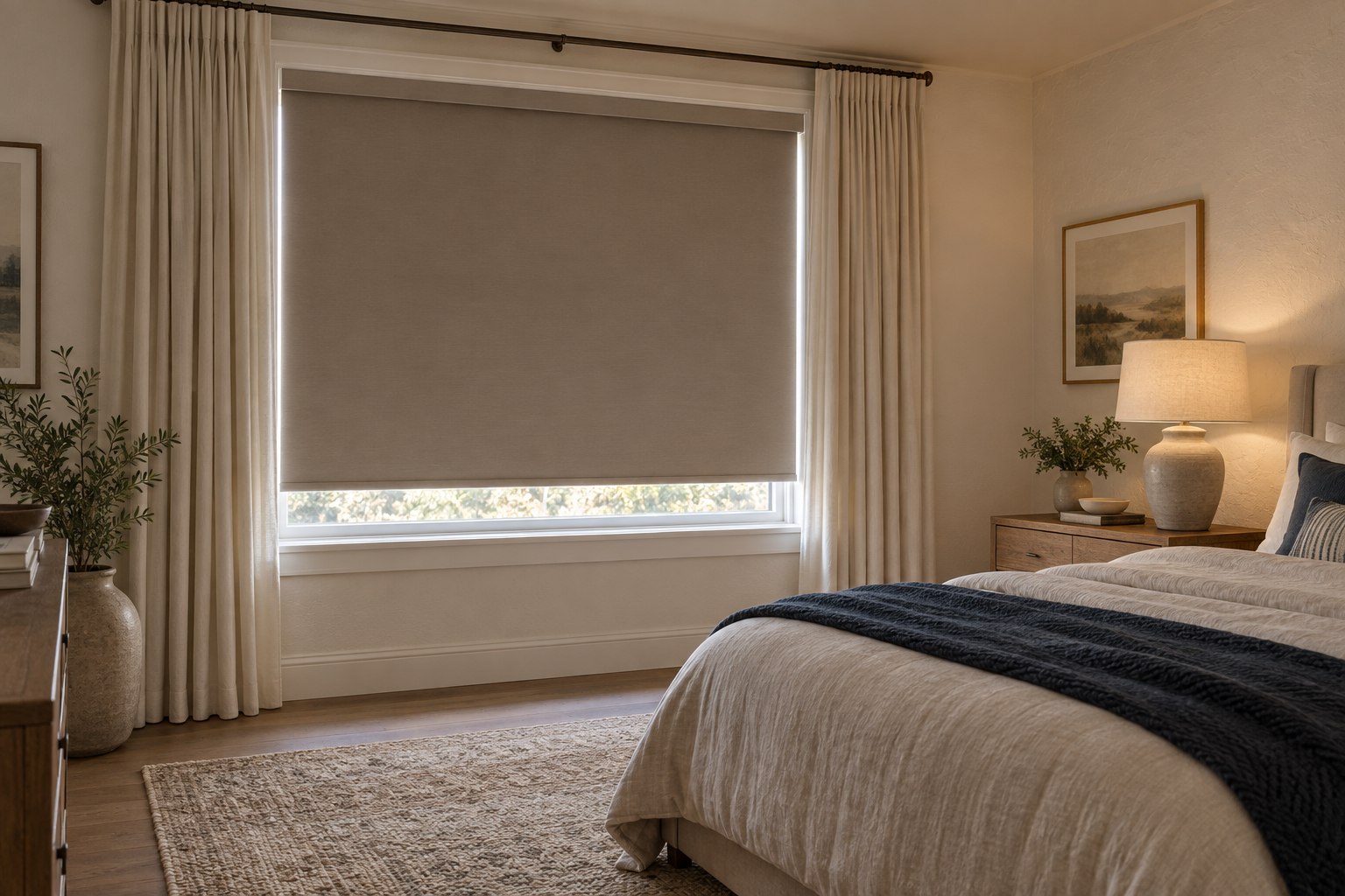 An opaque taupe roller shade with daylight visible around its edges, layered with ivory drapery in a calm bedroom.
