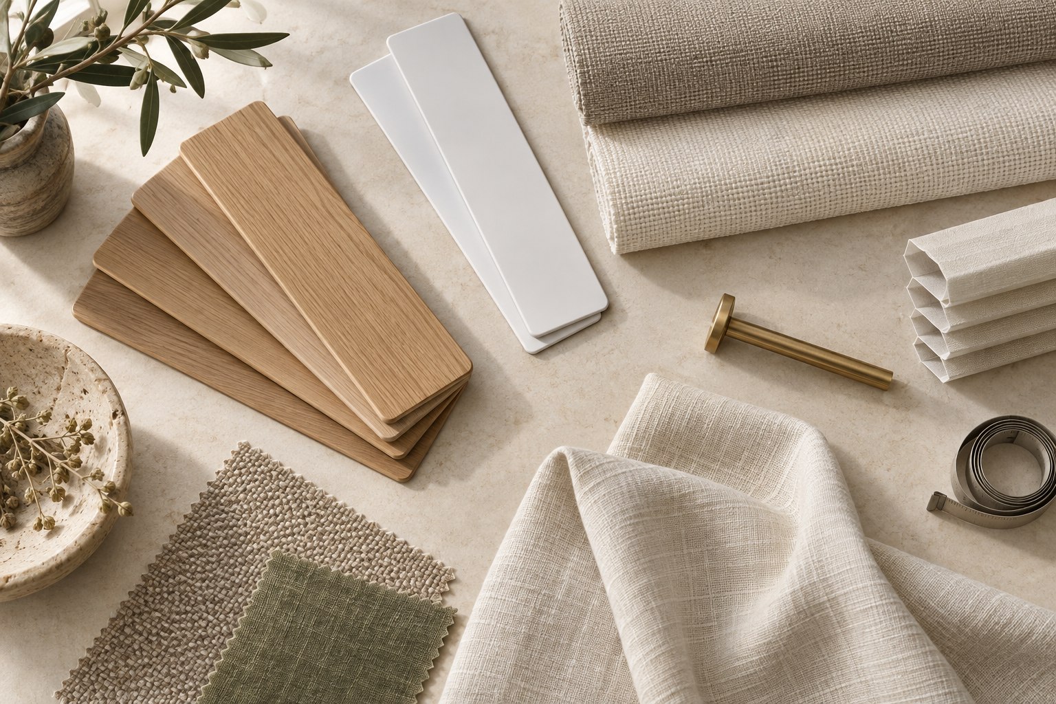 Natural wood and white blind slat samples, woven fabrics, a cellular shade sample and brass hardware arranged on a neutral worktable.