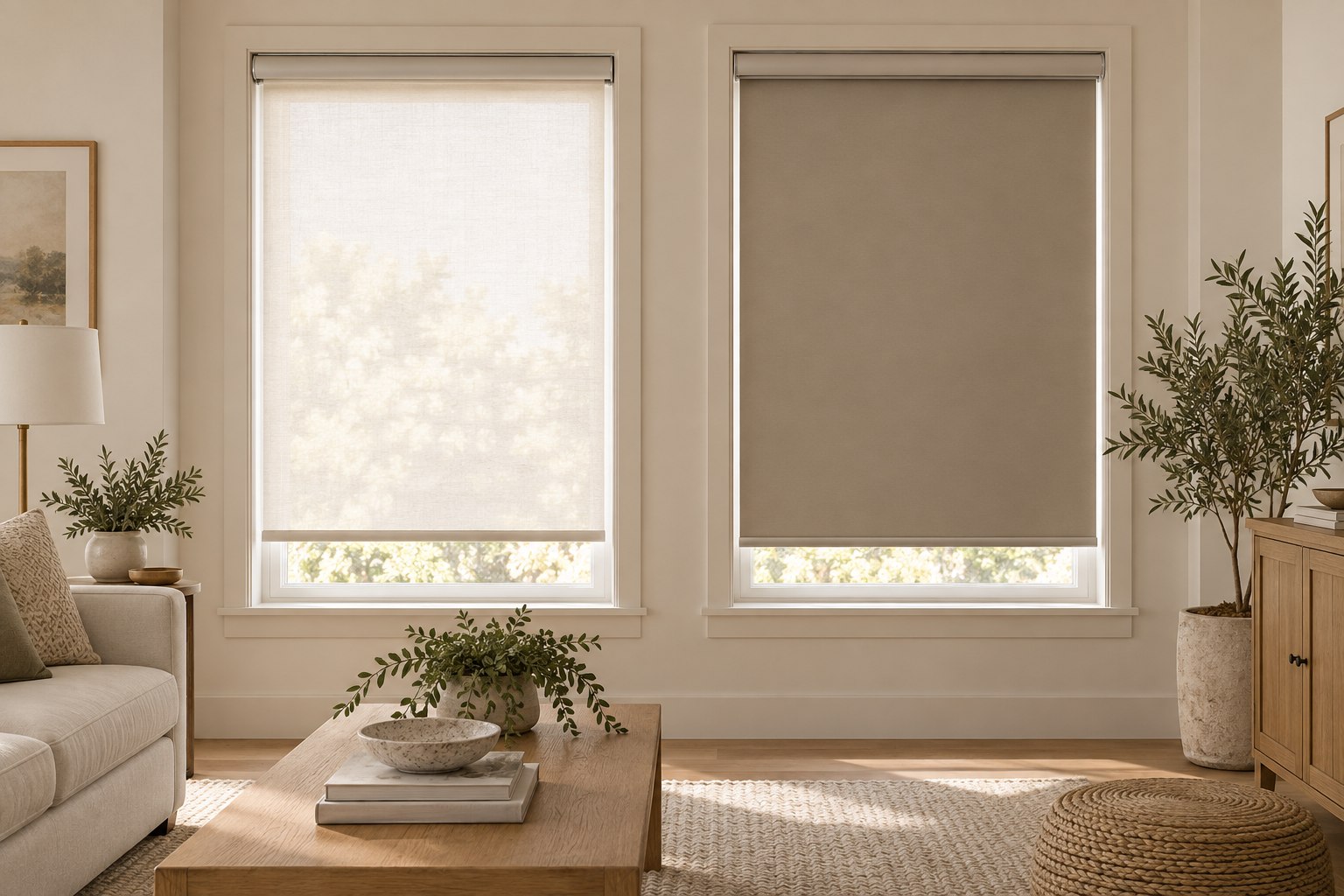 Illustrated side-by-side room comparison showing softened daylight and a darker room with different shade fabrics.