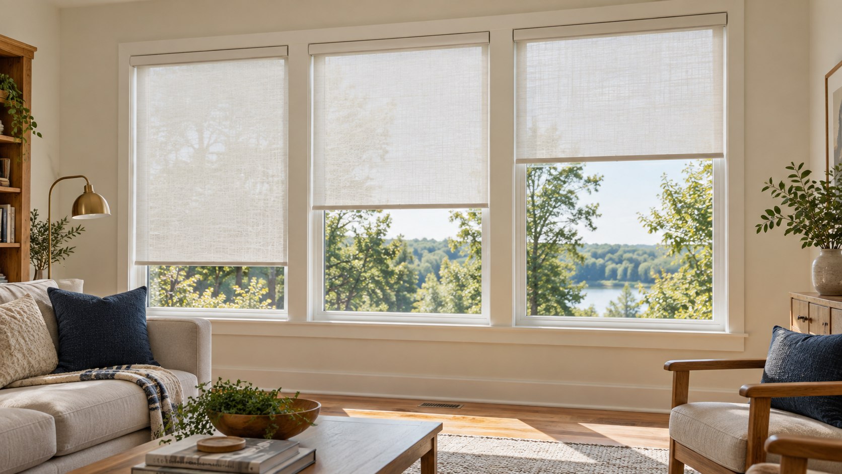 Three roller shades at different heights in a bright living room