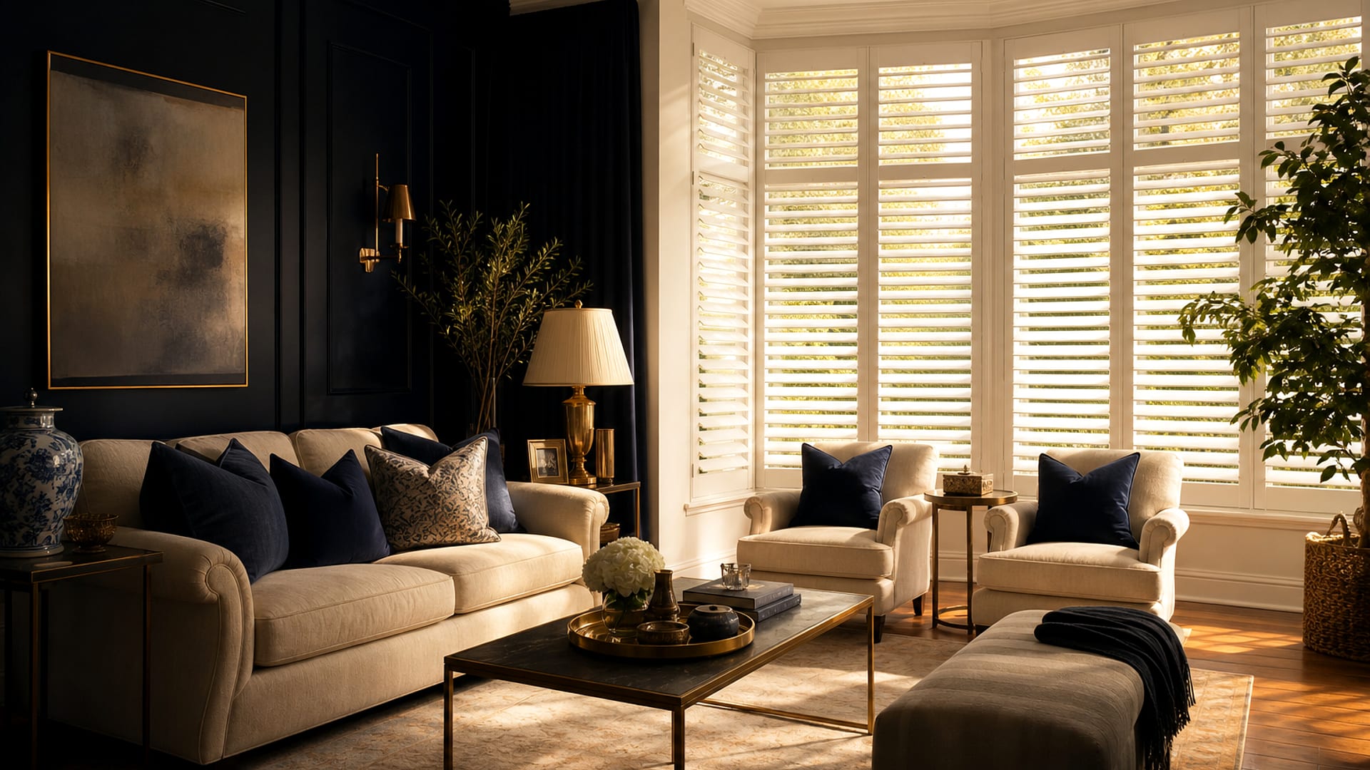 Living room with custom white plantation shutters