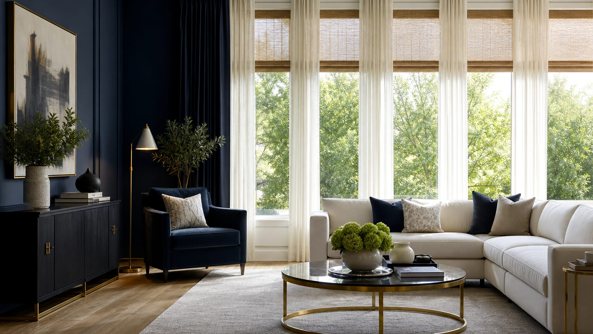 Bright living room with sheer drapery and roller shades