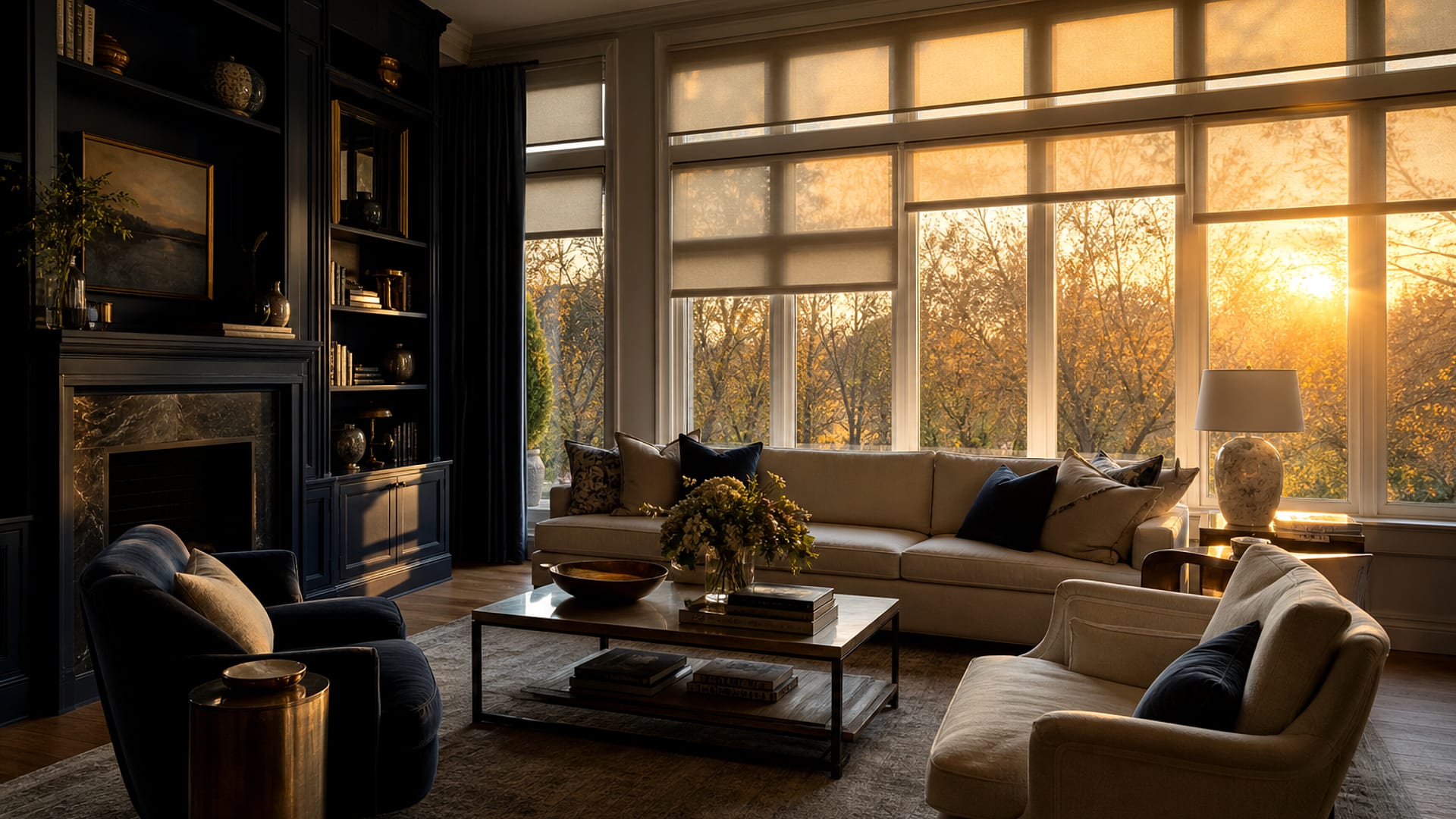 Living room at golden hour with layered window shades
