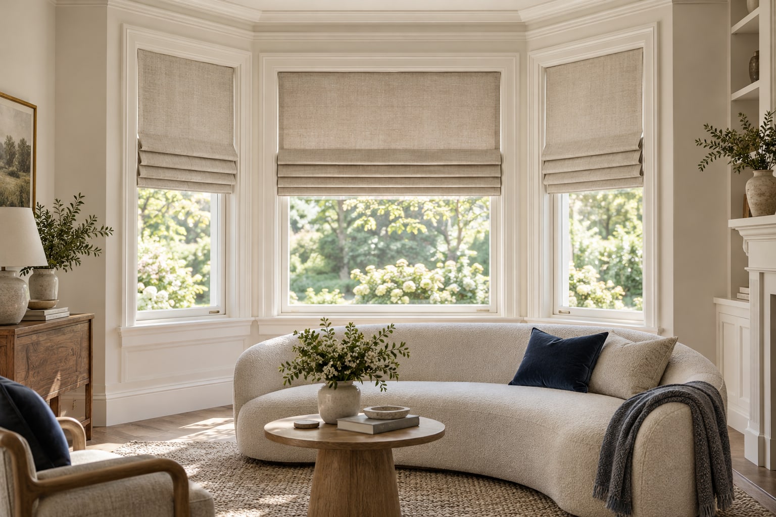 Classic sitting room with three tailored Roman shades fitted to the individual windows of an angled bay.