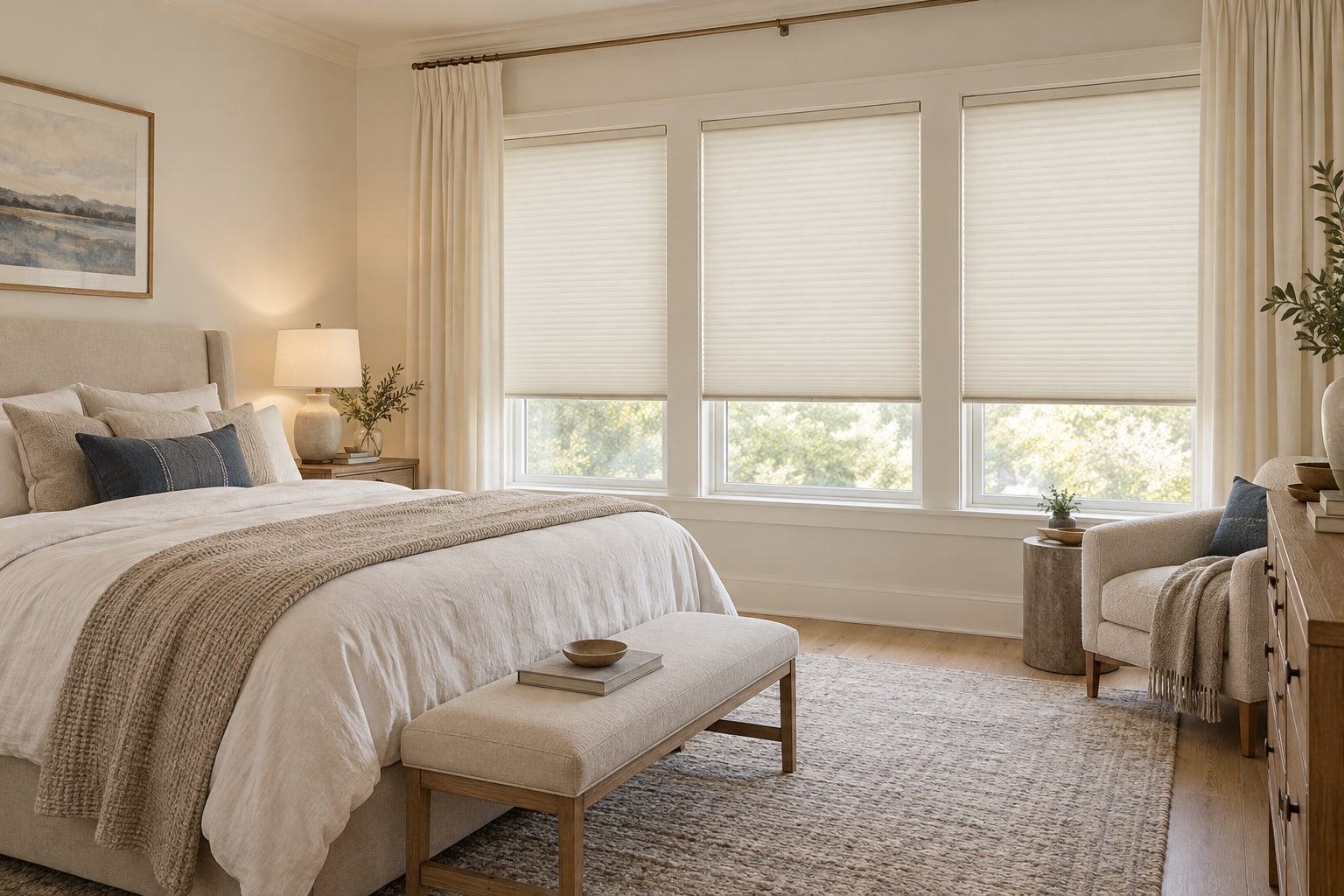 Restful bedroom with ivory cellular shades, soft curtains and a neutral upholstered bed.