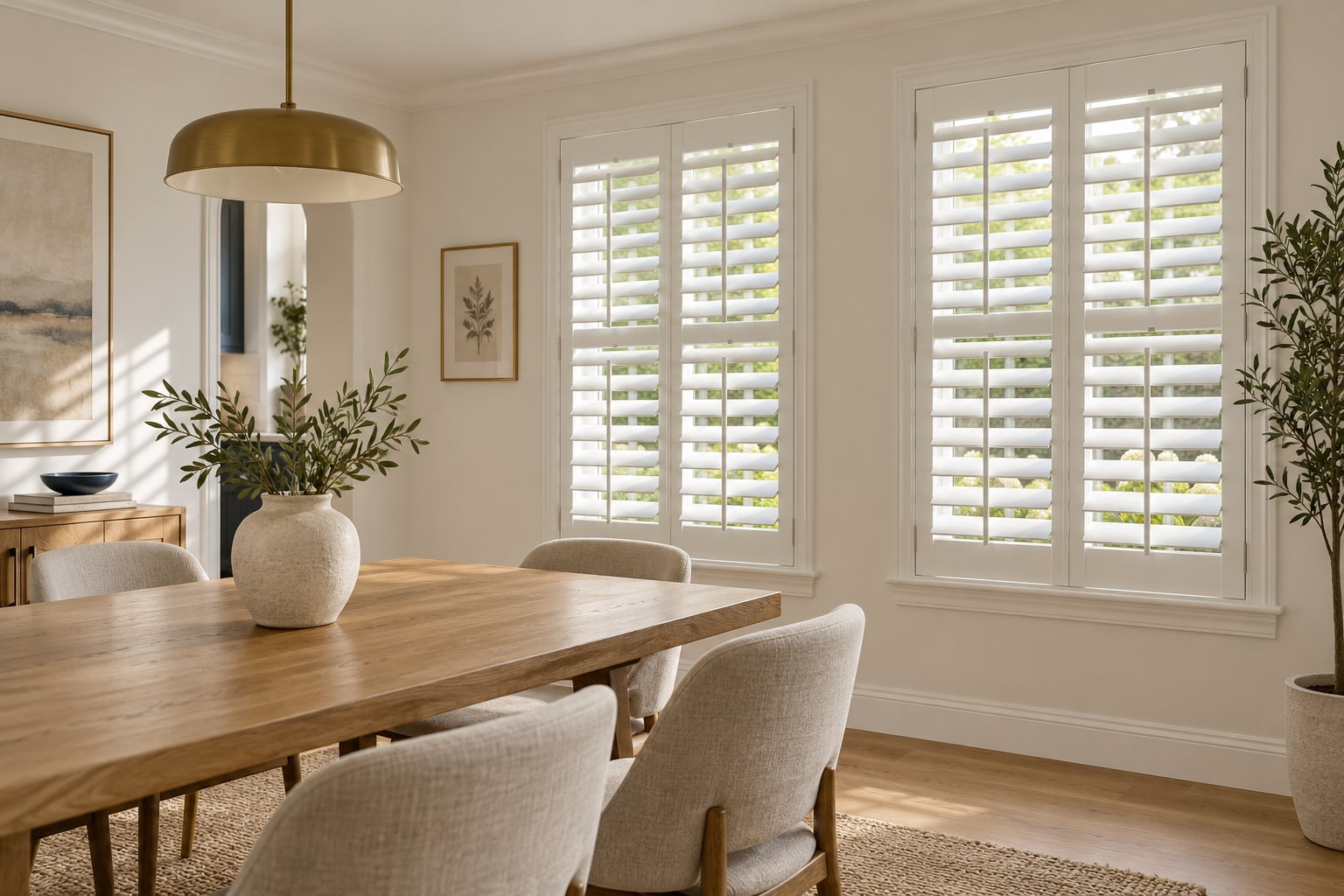 Dining room with white plantation shutters, adjustable horizontal louvers and a warm oak dining table.