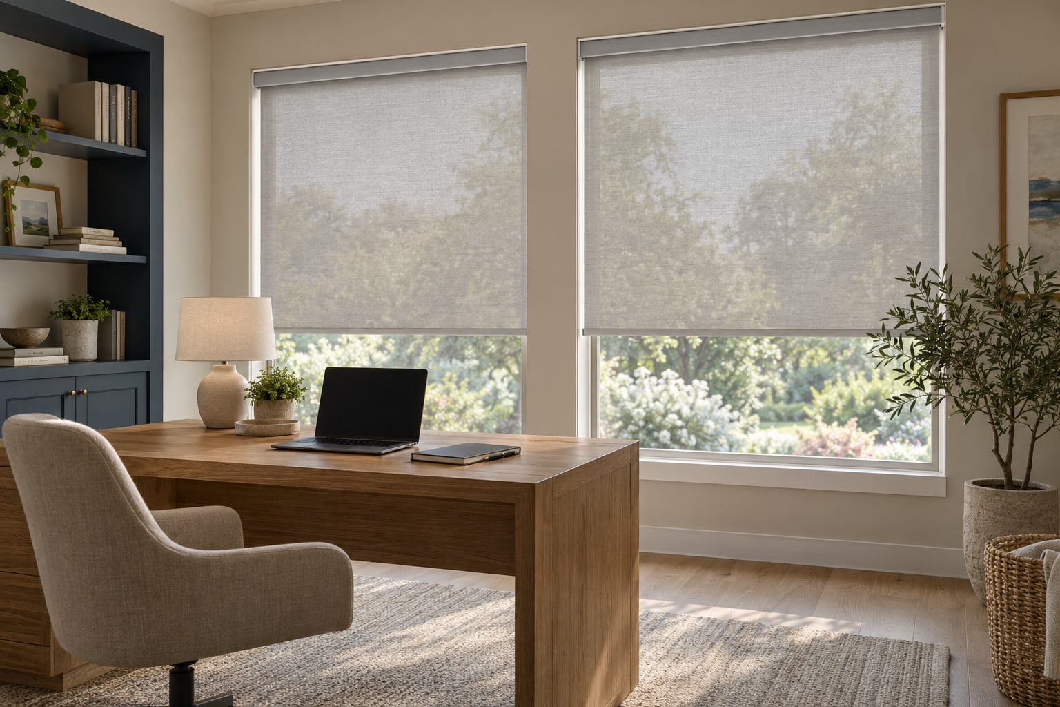 Light-filled home office with solar screen shades, a wood desk and a softly visible garden beyond the windows.