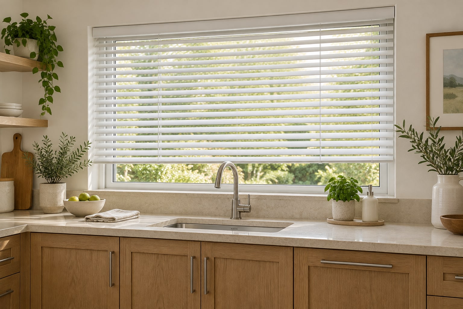 Bright kitchen with white horizontal faux wood blinds above a sink, pale countertops and oak cabinetry.