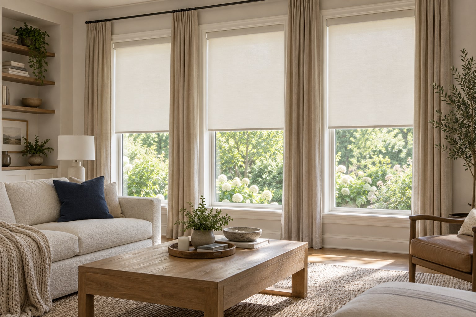 Warm living room with light-filtering roller shades and linen drapery panels at three tall windows.
