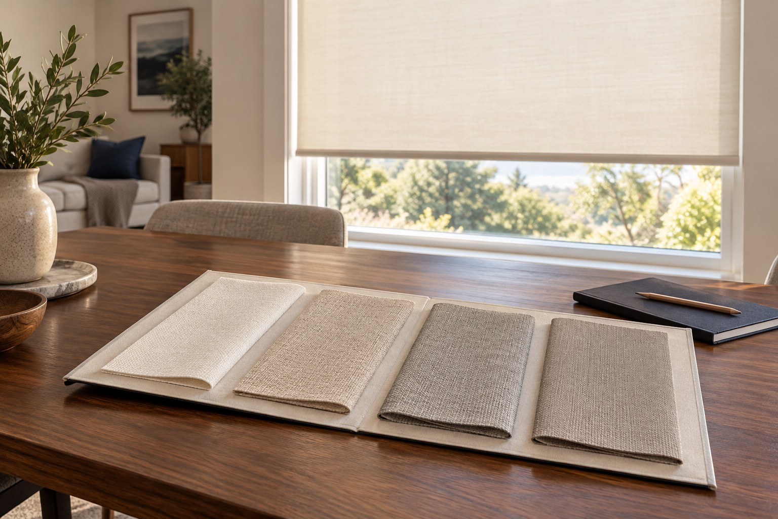 Four neutral woven fabric samples on a walnut table beside a window with an ivory roller shade.