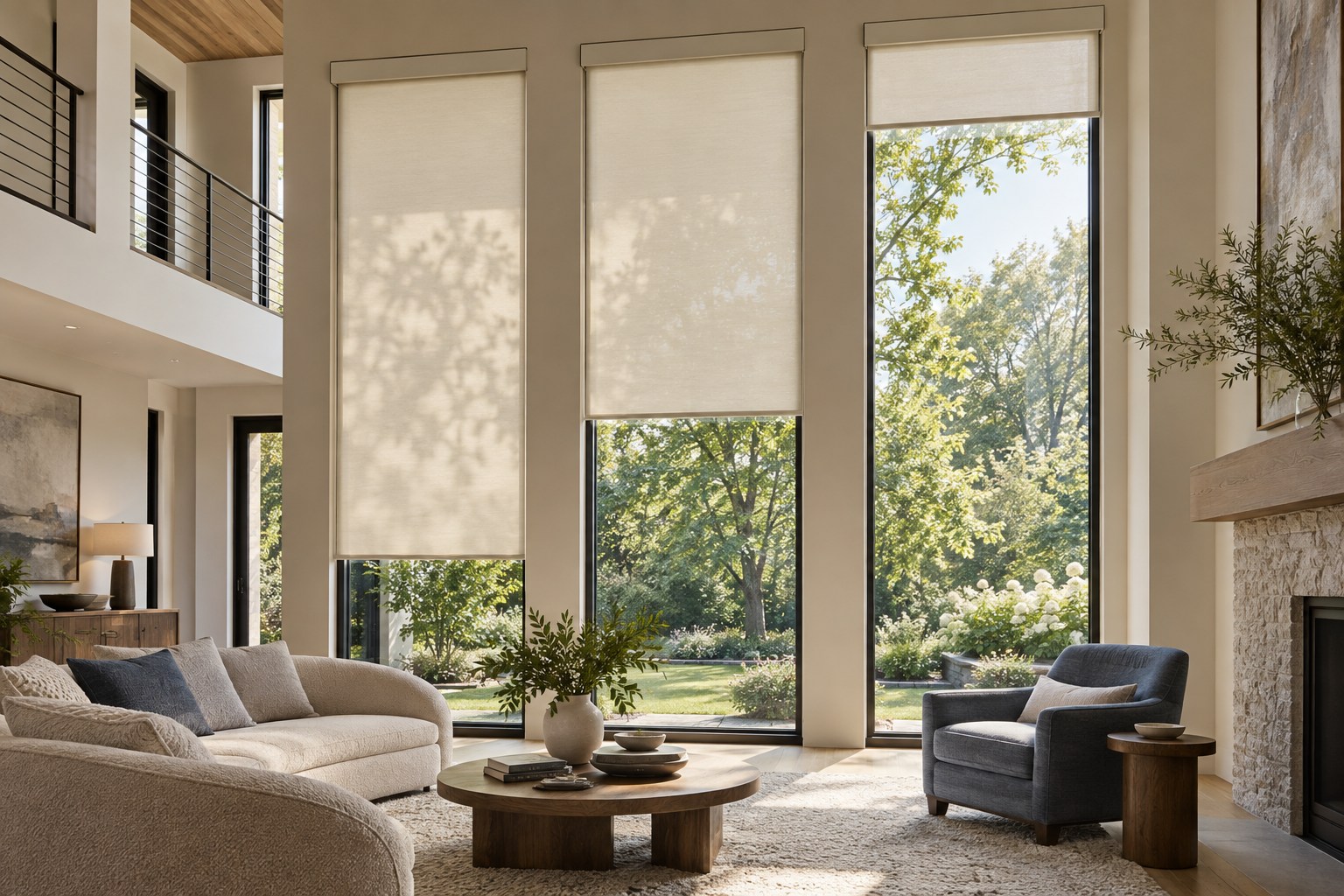 Three tall ivory roller shades at different heights in a double-height living room overlooking a garden.